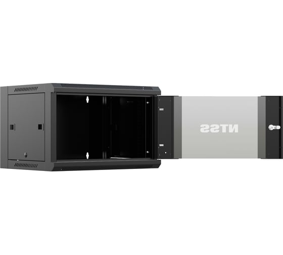 Шкаф настенный телекоммуникационный NTSS W 6U 600x450x370мм, 2 профиля 19, дверь стеклянная, боковые стенки съемные, задняя стенка, разобранный, черный RAL 9005 NTSS-W6U6045GS-BL