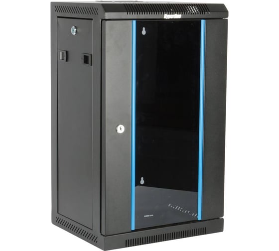 Настенный шкаф Hyperline TDC-9U-GR-RAL9004 10'', 9U, 480x370x300, установочный размер, 254 мм, со стеклянной дверью, открывающиеся стенки, возможность установки вентилятора 1