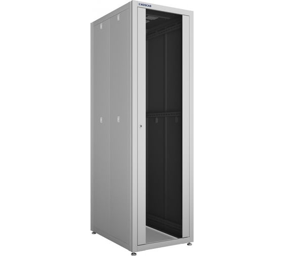 Шкаф телекомуникационный напольный KOSCAB 42U 600х600мм, передняя дверь стекло, задняя глухая металл, регулируемые опоры, стенки съемные, разобранный, серый RAL 7035 шт КОС-ШТП-42U6060ДС
