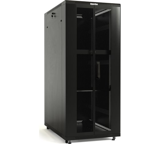 Напольный 19-дюймовый шкаф Hyperline RAL 9004 47U, 2277x600x800 мм (ВxШxГ), передняя и задняя распашные перфорированные двери, ручка с замком, крыша нового типа, цвет черный, разобранный 392699 1