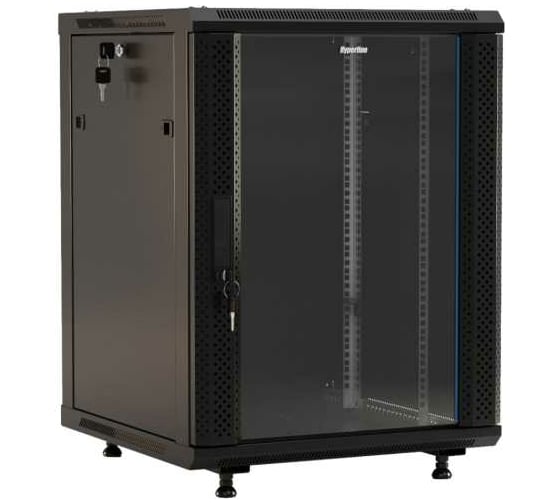 Настенный 19-дюймовый шкаф Hyperline 15U, 787x600x600мм, стеклянная дверь с перфорацией по бокам, ручка с замком, с возможностью установки на ножки (в комплекте), цвет черный, разобранный 395556