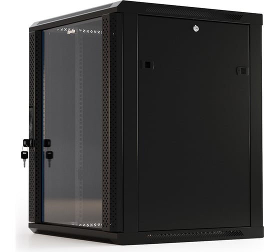 Настенный 19-дюймовый шкаф Hyperline RAL 9004 15U, 775x600x450мм, стеклянная дверь с перфорацией по бокам, ручка с замком, цвет черный, разобранный 392639