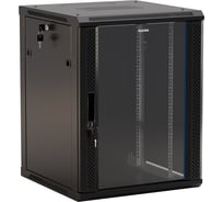 Настенный 19-дюймовый шкаф Hyperline RAL 9004 18U, 908x600x450мм, стеклянная дверь с перфорацией по бокам, ручка с замком, цвет черный, разобранный 395315