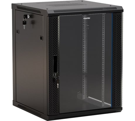 Настенный 19-дюймовый шкаф Hyperline RAL 9004 18U, 908x600x450мм, стеклянная дверь с перфорацией по бокам, ручка с замком, цвет черный, разобранный 395315