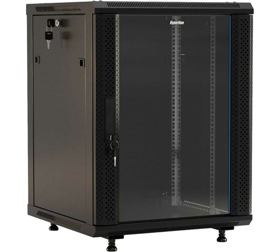 Настенный 19-дюймовый шкаф Hyperline 22U, 1098x600x450мм, стеклянная дверь с перфорацией по бокам, ручка с замком, с возможностью установки на ножки (в комплекте), цвет черный, разобранный 395578