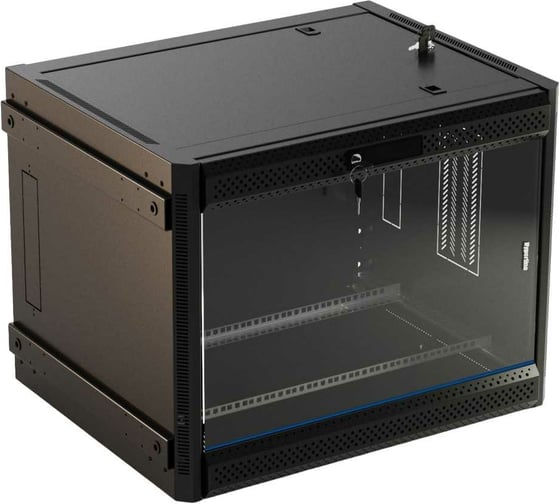 Настенный 19-дюймовый шкаф Hyperline 22U, 1098x600x450мм, стеклянная дверь с перфорацией по бокам, ручка с замком, с возможностью установки на ножки (в комплекте), цвет черный, разобранный 395578