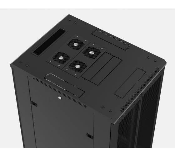 Напольный 19-дюймовый шкаф Hyperline 37U, 1833x600x800мм (ВxШxГ), передняя стеклянная дверь со стальными перфорированными боковинами, задняя дверь сплошная, ручка с замком, черный, разобранный 395996