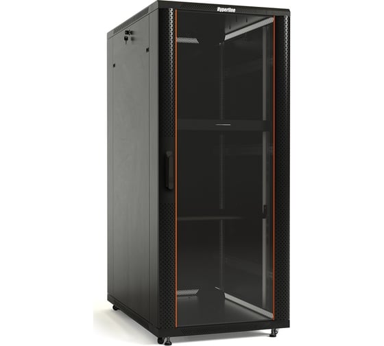 Напольный 19-дюймовый шкаф Hyperline 32U, 1610x800x800мм (ВxШxГ), передняя дверь стеклянная, задняя дверь сплошная, ручка с замком, 2 вертикальныx кабельныx организатора, черный, разобранный 395992 1