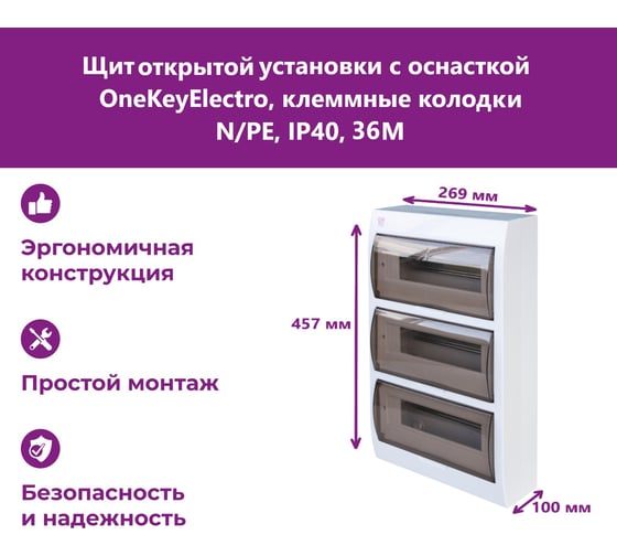 Щит открытой установки с оснасткой OneKeyElectro клеммные колодки n/pe, ip40, 36м 7700716