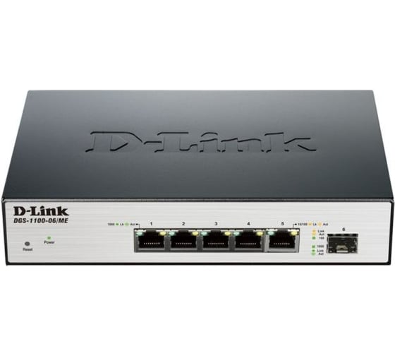 Управляемый l2 коммутатор d-link с 5 портами 10/100/1000base-t и 1 портом 100/1000base-x sfp DGS-1100-06/ME/A1B