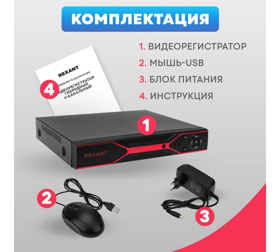 Гибридный 4-канальный видеорегистратор REXANT ahd-hdvr/5.0 (без hdd) 45-0179