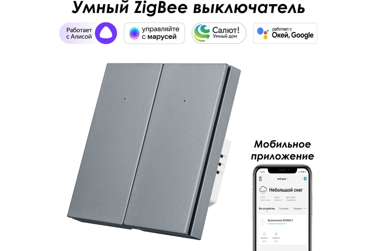 Двухкнопочный умный выключатель Zigbee Roximo серый, SZBTN01-2S