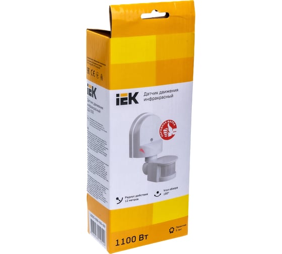 Детектор движения IEK ДД 008 1100Вт, угол обз., 180град., дальн. 12м, IP44, бел. LDD10-008-1100-001