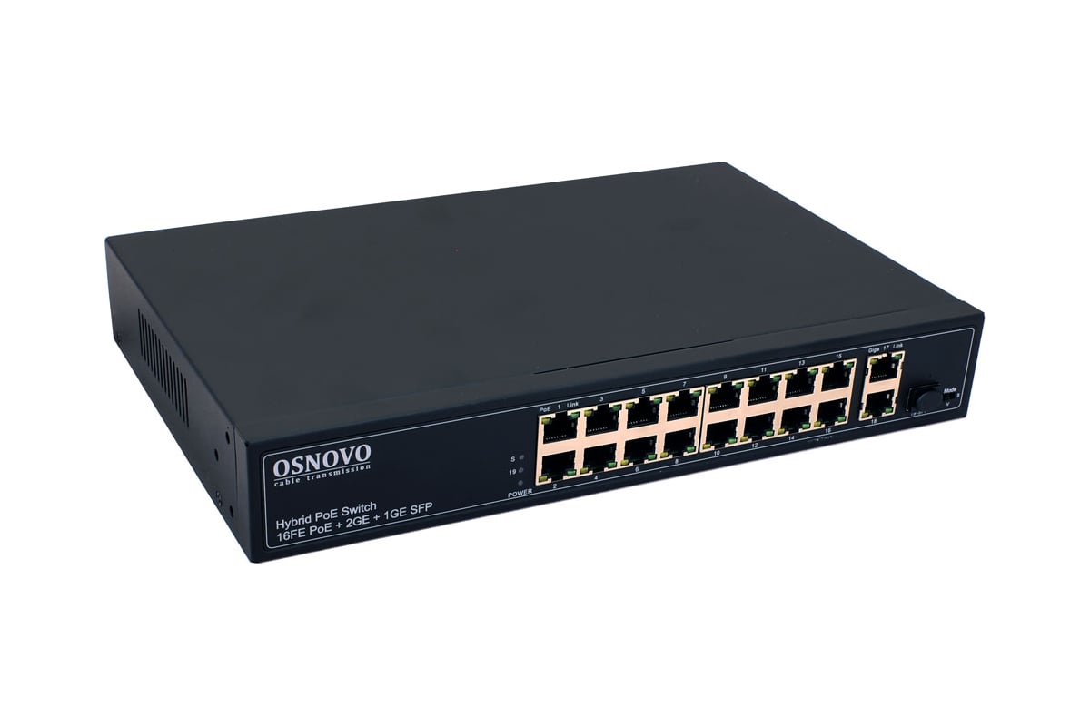 PoE коммутатор OSNOVO SW-61621(300W) Fast Ethernet на 16 x RJ45 PoE + 2 ...