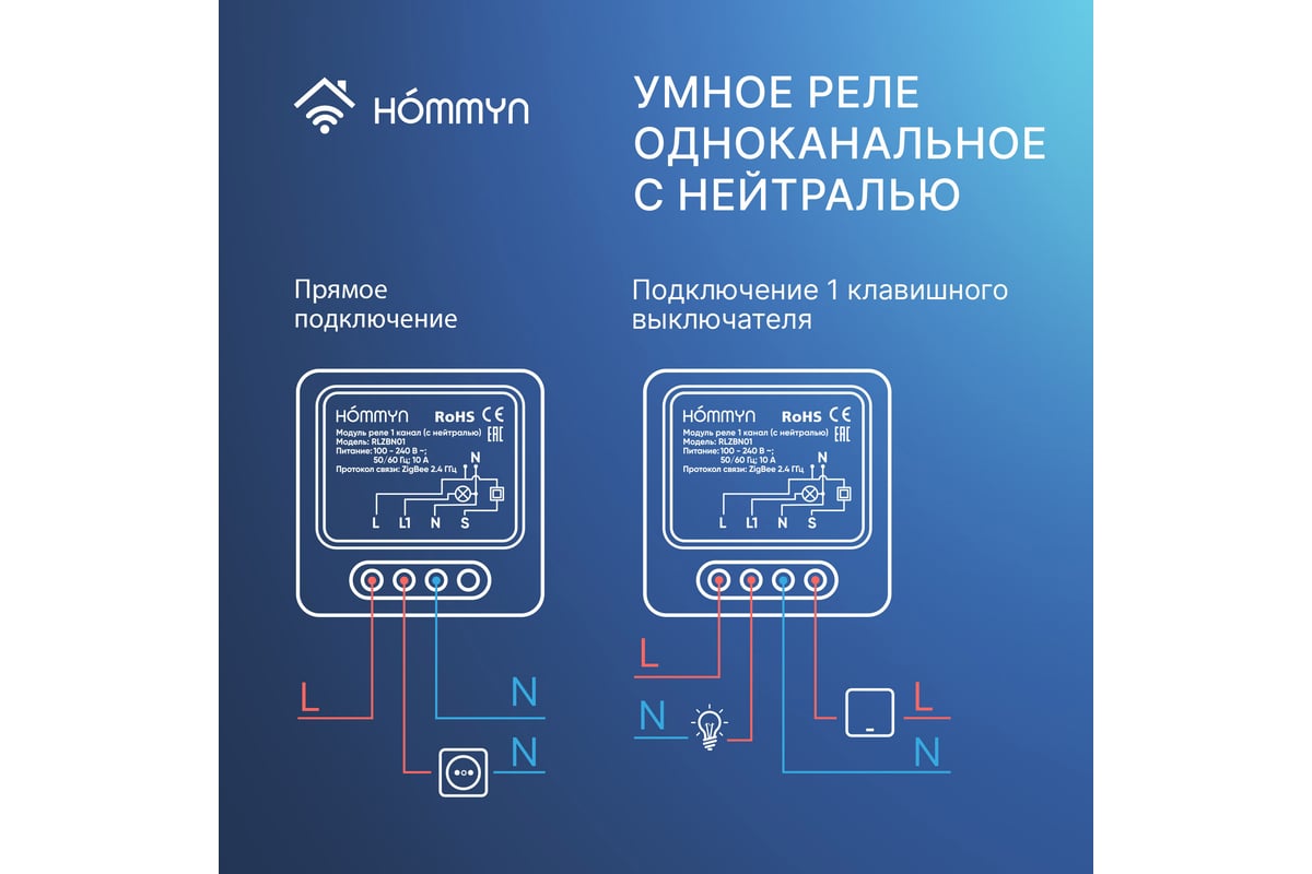 Модуль реле zigbee HOMMYN 1 канал (с нейтралью) RLZBN01 НС-1587121 ...