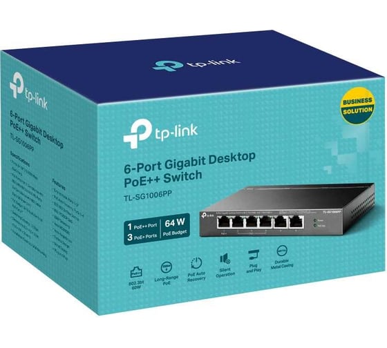 Настольный коммутатор TP-Link с 6 гигабитными портами (3 порта PoE+, 1 порт PoE++) TL-SG1006PP