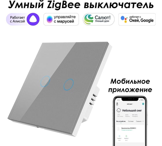 Умный Zigbee выключатель Roximo сенсорный, двухкнопочный, серый SZSEN01-2S