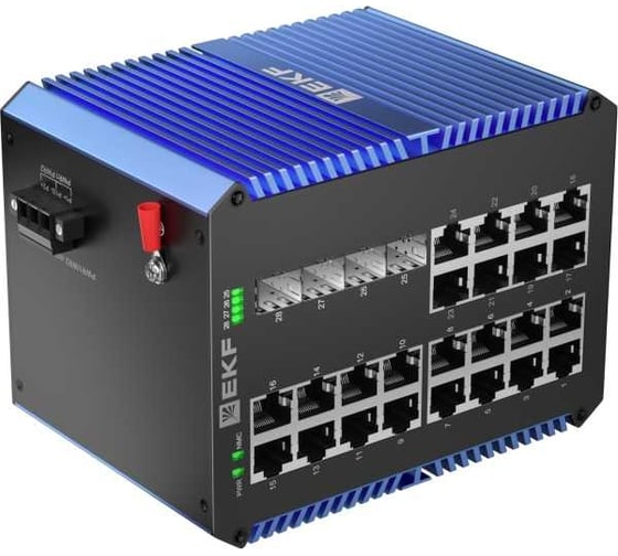 Промышленный неуправляемый коммутатор EKF U-4GX/SFP-24GTP, 4 порта 1000Base-X SFP, 24 порта 10/100/1000Base-T(X) RJ45 c PoE, монтаж на динрейку TSX TSX-U-4GX/SFP-24GTP