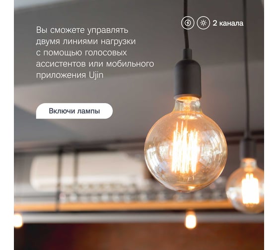 Умное встраиваемое реле для розетки и выключателя Ujin 2к WiFi/5А работает с Алисой, голосовое управление двухканальное ER-10000-02
