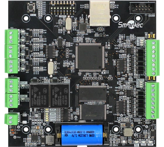 Сетевой контроллер Smartec ST-NC221R2 на 2 двери, 2 порта считывателей, 6 входов, 2 выхода, 10000 пользователей, 10000 событий, работа под управлением ПО Timex 23.2.0 и выше, TCP/IP, Wiegand 26 и 34 smkd0730