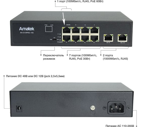 Коммутатор Amatek  AN-S10P8G-150 HiPoE, PoE+ 7000415