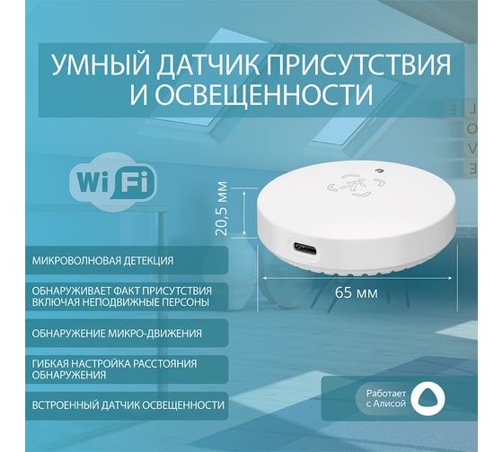 Умный Wi-Fi датчик присутствия и освещенности Roximo с Алисой SWHPS08