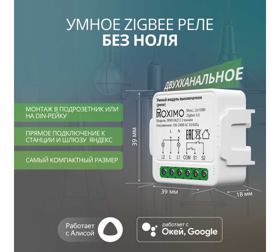 Умный Zigbee модуль выключателя реле Roximo двухканальный, с Алисой SRM10AZ12-2