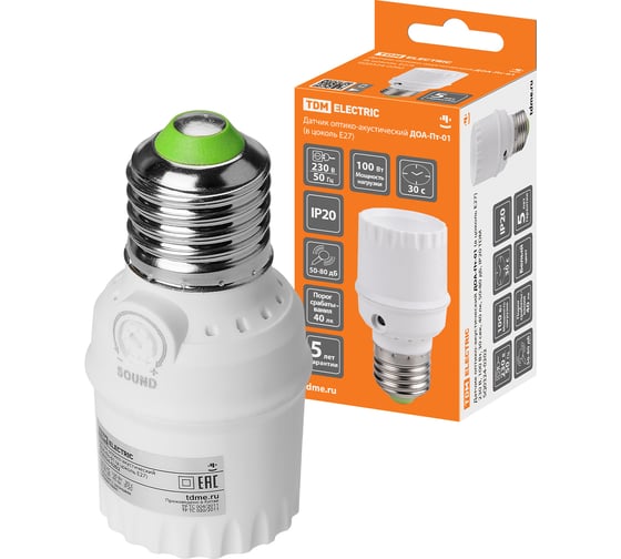 Датчик оптико-акустический TDM ELECTRIC ДОА-Пт-01 (в цоколь Е27) 230 В, 100 Вт, 30 сек, 40 лк, 50-80 дБ, IP20 TDM SQ0324-0202
