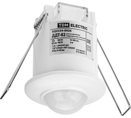 Датчик движения TDM ELECTRIC ДДТ-02 40мм, 800Вт, 10-900с, 6м, 3+лк, 120 сбоку+360 сверху градусов, IP20 SQ0324-0026