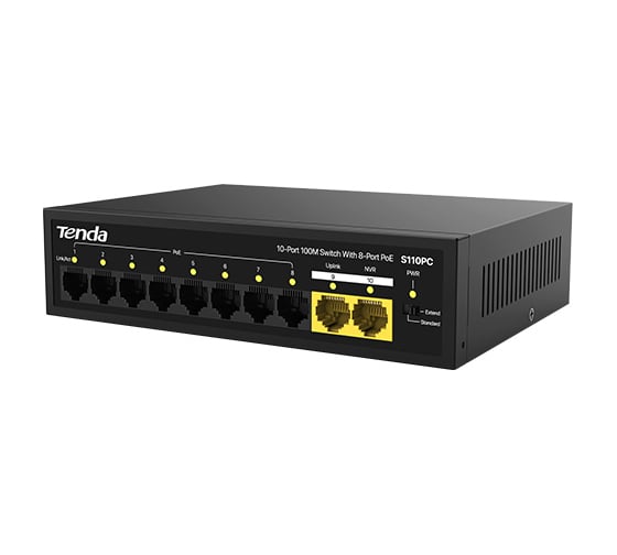 Коммутатор неуправляемый PoE Tenda S110PC 10 портов, 10x100 Мбит/с, PoE 8х до 30 Вт, настольный 10000143138