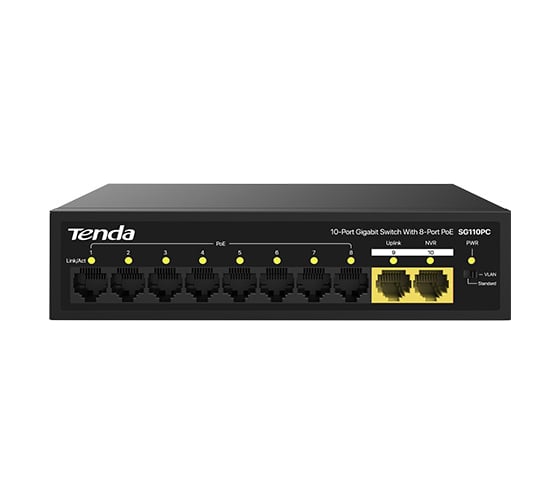 Коммутатор неуправляемый PoE Tenda SG110PC 10 портов, 10x1 Гбит/с, PoE 8x30 Вт, 2хUplink, настольный 10000143191