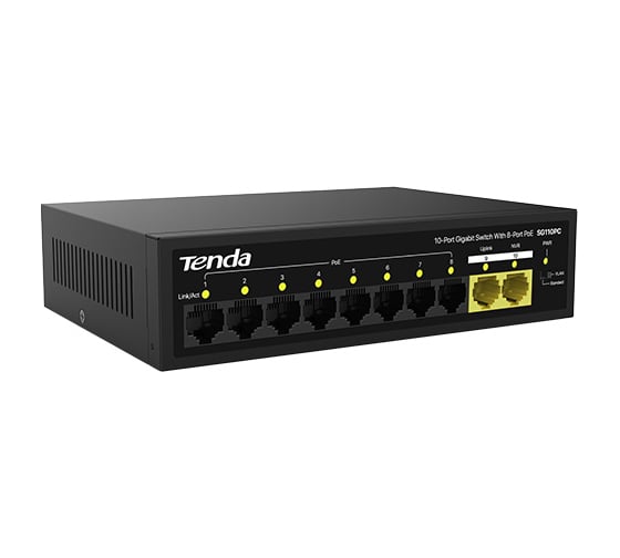 Коммутатор неуправляемый PoE Tenda SG110PC 10 портов, 10x1 Гбит/с, PoE 8x30 Вт, 2хUplink, настольный 10000143191
