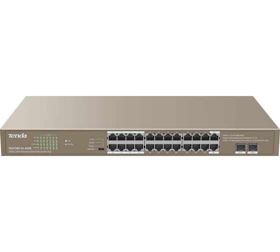 Коммутатор неуправляемый Tenda TEG1126P-24-410W PoE, 24 порта, 24x1 Гбит/с, PoE 24x30 Вт (до 370Вт), SFP 2x1 Гбит/с, установка в стойку 10000105699