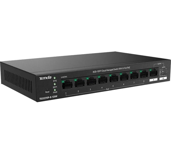Коммутатор управляемыйTenda TEG2210P-8-120W PoE, 10 портов, 9x1 Гбит/с, SFP 1x1 Гбит/с, PoE 8x30Вт (до 110 Вт) 10000148166