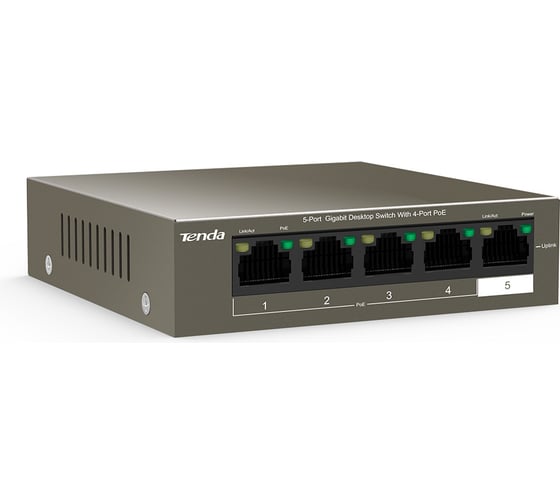 Коммутатор неуправляемый PoE Tenda TEG1105P-4-63W 5 портов, 5x1 Гбит/с, PoE 4x30 Вт (до 58 Вт), настольный 10000090501