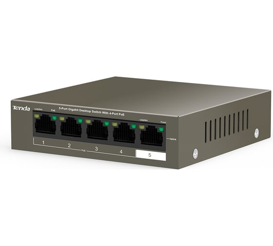 Коммутатор неуправляемый PoE Tenda TEG1105P-4-63W 5 портов, 5x1 Гбит/с, PoE 4x30 Вт (до 58 Вт), настольный 10000090501