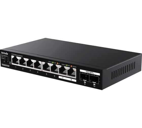 Коммутатор неуправляемый Tenda TEM2010X, 10 портов, RJ-45 8x2,5 Гбит/с, SFP+ 2x10 Гбит/с, настольный, металлический корпус 10000145203