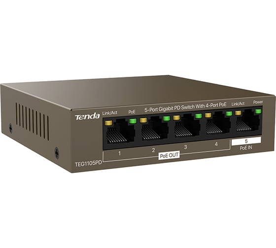 Коммутатор неуправляемый PoE Tenda TEG1105PD 5 портов, 5x1 Гбит/с, PoE 4x15,4 Вт (до 30Вт), настольный 10000091798