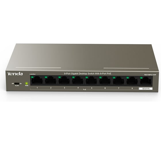 Коммутатор неуправляемый PoE Tenda TEG1109P-8-102W 9 портов, 9x1 Гбит/с, PoE 8x92 Вт, настольный 10000111805 1
