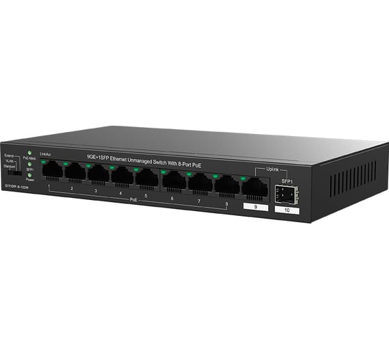 Коммутатор неуправляемый PoE Tenda TEG1110PF-8-120W 10 портов, 9x1 Гбит/с, SFP 1x1 Гбит/с, PoE 8x30 Вт (до 102 Вт), настольный 10000146635