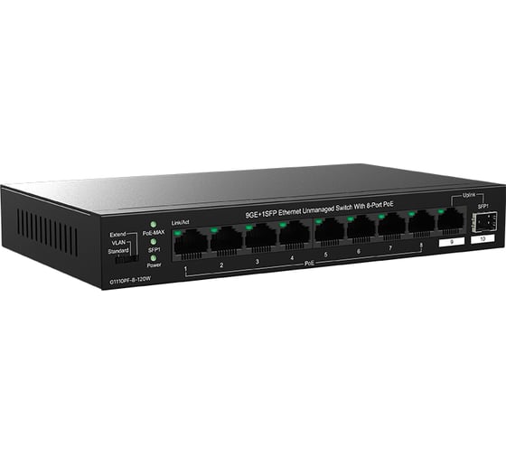 Коммутатор неуправляемый PoE Tenda TEG1110PF-8-120W 10 портов, 9x1 Гбит/с, SFP 1x1 Гбит/с, PoE 8x30 Вт (до 102 Вт), настольный 10000146635