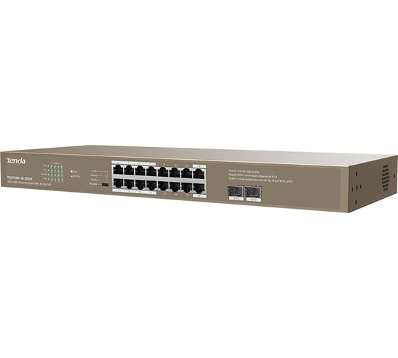 Коммутатор неуправляемый PoE Tenda TEG1118P-16-250W 16 портов, 16x1 Гбит/с, PoE 16x30 Вт (до 230Вт), SFP 2x1 Гбит/с, установка в стойку 10000111804