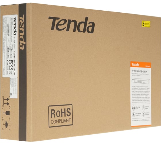 Коммутатор неуправляемый PoE Tenda TEG1118P-16-250W 16 портов, 16x1 Гбит/с, PoE 16x30 Вт (до 230Вт), SFP 2x1 Гбит/с, установка в стойку 10000111804