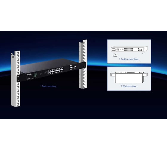 Коммутатор неуправляемый PoE Tenda TEG1120P-16-150W 18 портов, 18x1 Гбит/с, PoE 16x30 Вт (до 150Вт), SFP 2x1 Гбит/с, установка в стойку 10000146934