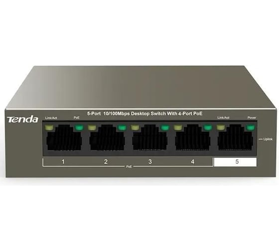 Коммутатор Tenda TEF1105P-4-38W неуправляемый PoE, 5 портов, 5x100 Мбит/с, PoE 4x15 Вт (до 35 Вт), настольный 10000090493 1