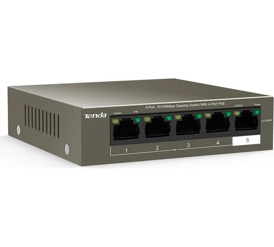 Коммутатор Tenda TEF1105P-4-38W неуправляемый PoE, 5 портов, 5x100 Мбит/с, PoE 4x15 Вт (до 35 Вт), настольный 10000090493