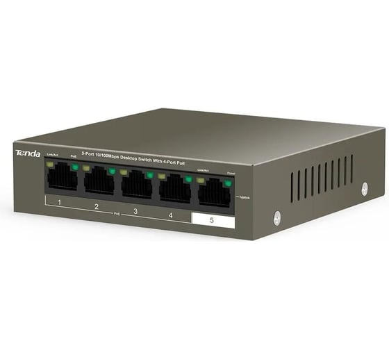 Коммутатор Tenda TEF1105P-4-38W неуправляемый PoE, 5 портов, 5x100 Мбит/с, PoE 4x15 Вт (до 35 Вт), настольный 10000090493