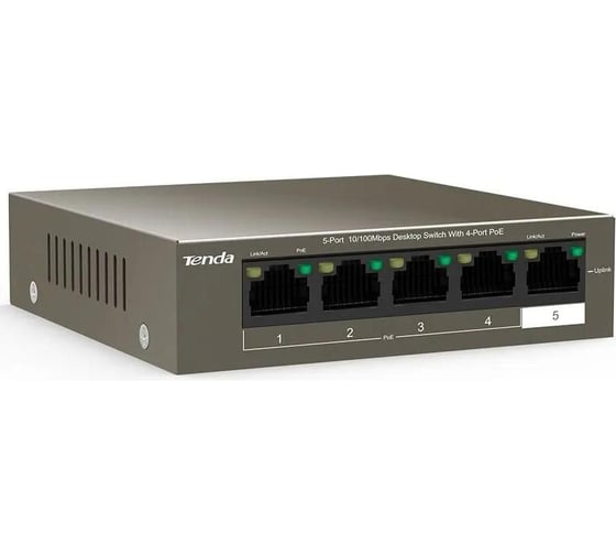 Коммутатор Tenda TEF1105P-4-63W неуправляемый PoE, 5 портов, 5x1 Гбит/с, PoE 4x30 Вт (до 58 Вт), настольный 10000090863
