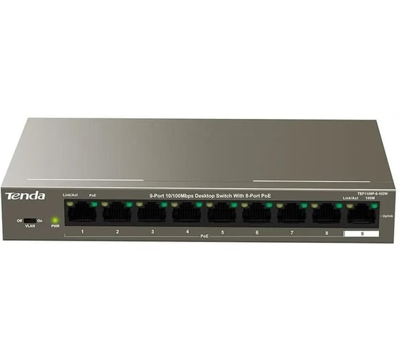 Коммутатор Tenda TEF1109P-8-102W неуправляемый PoE, 9 портов, 9x100 Мбит/с, PoE 8x92 Вт, настольный 10000111806