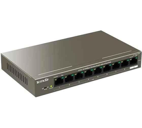 Коммутатор Tenda TEF1109P-8-102W неуправляемый PoE, 9 портов, 9x100 Мбит/с, PoE 8x92 Вт, настольный 10000111806
